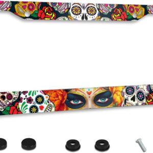 Sugar Skull Girl Flowers License Plate Frame Stainless Steel Car Accessories Personalized License Plate Fits Standard U.S. Vehicles Size: 12.2 x 6 Inches for Men Women