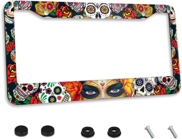 Sugar Skull Girl Flowers License Plate Frame Stainless Steel Car Accessories Personalized License Plate Fits Standard U.S. Vehicles Size: 12.2 x 6 Inches for Men Women