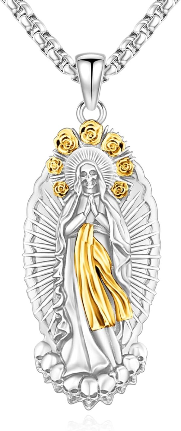 Eusense La Santa Muerte Necklace for Men Women Sterling Silver 925 Gold 14K Skull Necklaces Pendant Grim Reaper Jewelry