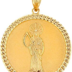 10k Yellow Gold Santa Muerte (Grim Reaper) Cuban Link Frame Medallion Pendant