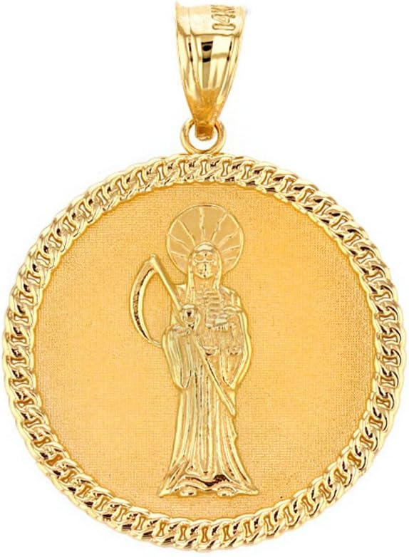 10k Yellow Gold Santa Muerte (Grim Reaper) Cuban Link Frame Medallion Pendant