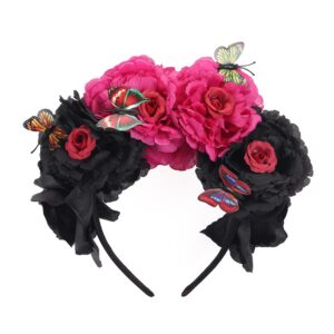 Bubbmi Mexican Flower Crown Headband with Butterfly, Day of the Dead Headpiece, Halloween Festival Headwear, Dia De Los Muertos Costume Hairhoop(Mexican A)