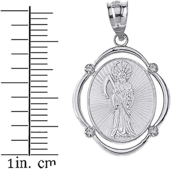 925 Sterling Silver Santa Muerte (Grim Reaper) CZ Oval Frame Pendant Necklace - Image 2