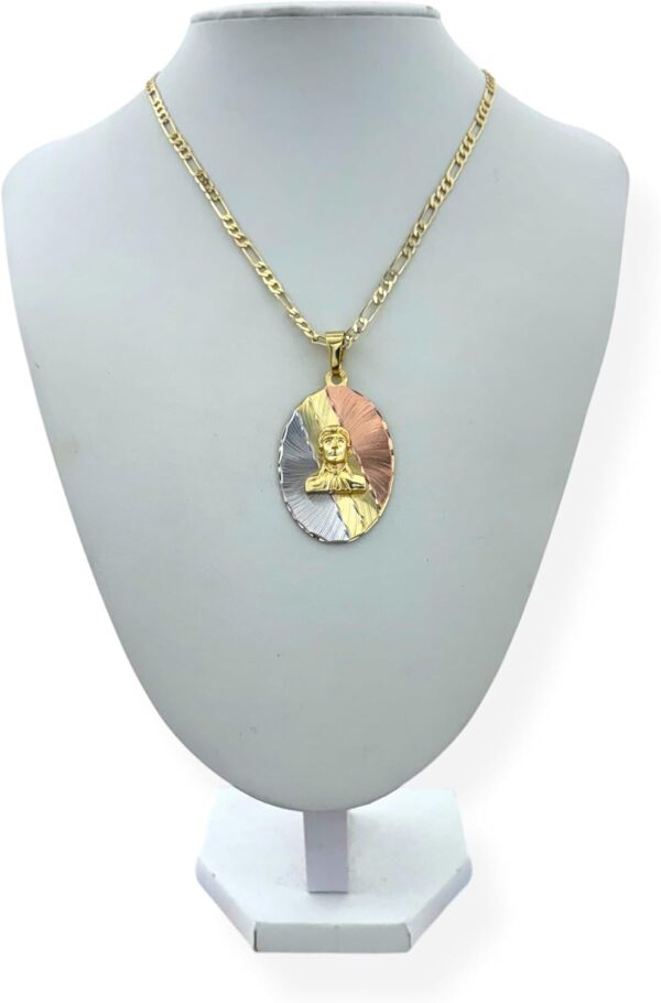 Jesus Malverde Tri-Color Gold Plated Oval Pendant Medal Charm Necklace Religious Gift - Image 2