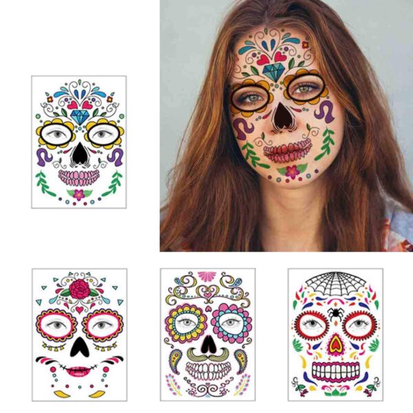 COKOHAPPY Halloween Temporary Face Tattoos Makeup Kit (13 Pack), Day of the Dead Sugar Skull Floral Black Skeleton Web Red Roses Full Face Mask Stickers Tattoo Families Party Supplies - Image 5