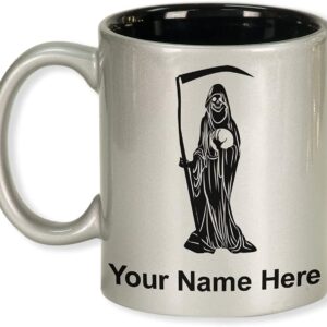 LaserGram 11oz Round Ceramic Coffee Mug, Santa Muerte, Personalized Engraving Included (Silver)