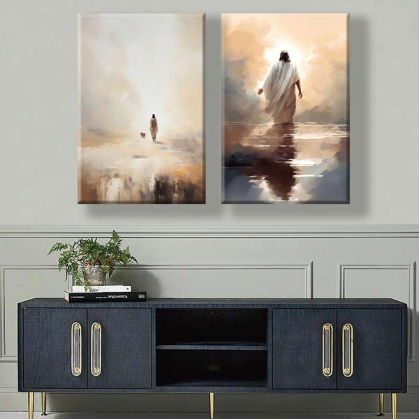 2Pcs Framed Jesus And Lamb Posters Jesus Walking In Waters Wall Art Print Retro Jesus Oil Painting Christian Religion Bible Inspirational Images Jesus Poster Jesus Painting Decoration 12x16 - Image 5
