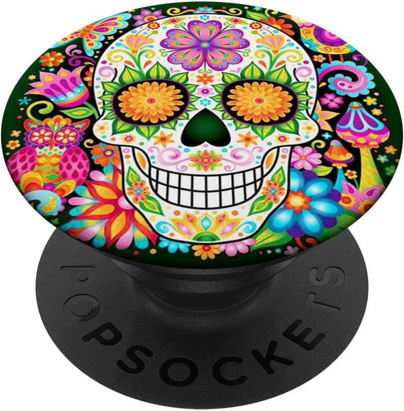 Cool Sugar Skull Mexican Design Colorful Flower Art on Black PopSockets PopGrip: Swappable Grip for Phones & Tablets PopSockets Adhesive PopGrip