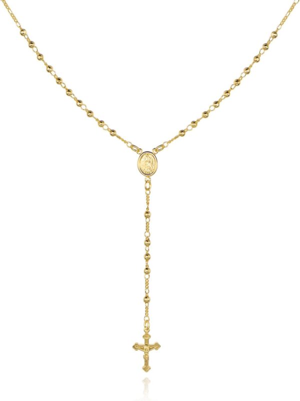 Barzel 18K Gold Plated Virgin Mary Rosary Bead Cross Necklace - Made In Brazil