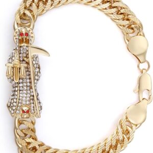 Santa Muerte Bracelet Diamond 24K Gold Plated Santa Muerte Pendant Jewelry With Sickle Holiday Gift (Gold)