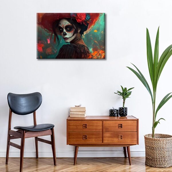Sugar Skull Girl Wall Art for Bedroom 1 Panels Sugar Skull Makeup Canvas Painting Mexican Day of the Dead Wall Art for Living Room Contemporary Home Decor Stretched on Wooden Frame (12"Wx18"H) - Image 2