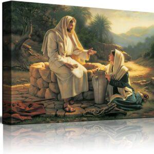 vanow Religious God Lounge Wall Art Poster and Print Jesus Landscape Artwork for Living Room Wall Decor Frame Ready to Hang (Jesus With Samaritan Woman, 12x16inch)