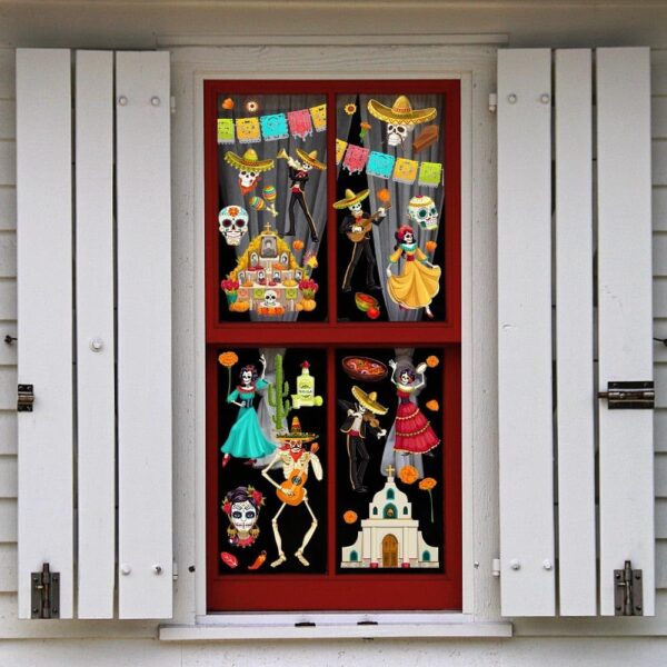 9PCS Dia de Los Muertos Window Clings Decals for Glass Windows Removable, Double-Side Sugar Skull Day of The Dead Window Sticker for Mexican Supplies Party Decoration Accessories - Image 5