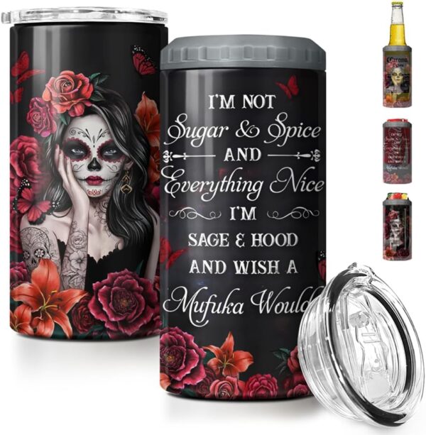 Sugar Skull Tumbler, Sugar Skull 4-in-1 Tumblers Stainless Steel Insulated Slim Can Cooler, Fits All 12oz Can Beer Bottle, Gifts for Women Christmas Birthday