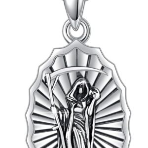 925 Sterling Silver Santa Muerte/St Benedict/Virgin Mary/Saint Jesus/Saint Joseph Miraculous Medal Necklace for Men