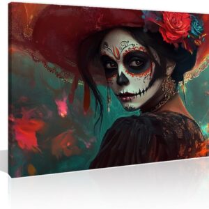 Sugar Skull Girl Wall Art for Bedroom 1 Panels Sugar Skull Makeup Canvas Painting Mexican Day of the Dead Wall Art for Living Room Contemporary Home Decor Stretched on Wooden Frame (12"Wx18"H)
