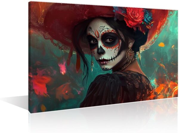 Sugar Skull Girl Wall Art for Bedroom 1 Panels Sugar Skull Makeup Canvas Painting Mexican Day of the Dead Wall Art for Living Room Contemporary Home Decor Stretched on Wooden Frame (12"Wx18"H)