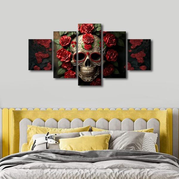 Roses Wall Art Pictures Sugar Skull and Red Roses Collage on Brick Wall Contemporary Home Decor Canvas Wall Art Modern Artwork Posters and Prints for Living Room Bedroom Framed Ready to Hang 60"Wx32"H - Image 4