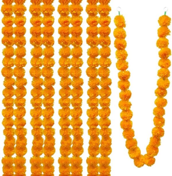 Artificial Marigold Garland, Golden Yellow 5 Feet Long Faux Flowers for Dia De Los Muertos Decorations, Pooja, Diwali, Indian Decor (4 Pieces,Orange)