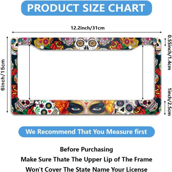 Sugar Skull Girl Flowers License Plate Frame Stainless Steel Car Accessories Personalized License Plate Fits Standard U.S. Vehicles Size: 12.2 x 6 Inches for Men Women - Image 2