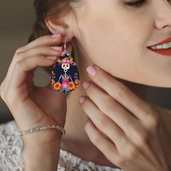 Dia De Los Muertos Mexican Day Skull Faux Leather Teardrop Earrings for Women Drop Dangle Earrings Gift - Image 8