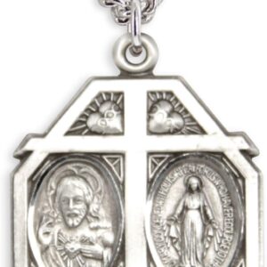 Heartland Men's Sterling Silver Miraculous & Sacred Heart Pendant + USA Made + Chain Choice