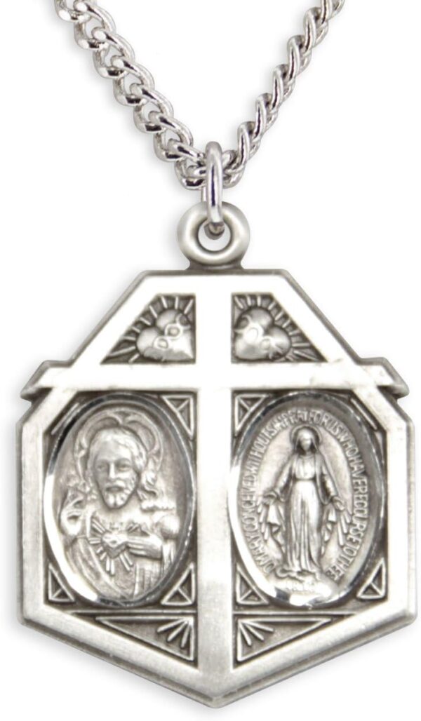 Heartland Men's Sterling Silver Miraculous & Sacred Heart Pendant + USA Made + Chain Choice
