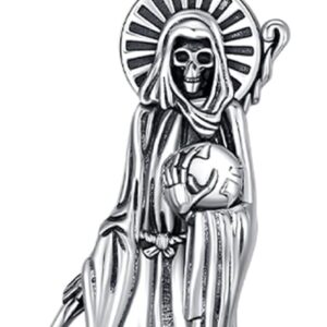 Santa Muerte Necklace Grim Reaper Pendant 925 Sterling Silver La Santa Muerte Skull Holy Death Amulet Protection Jewelry With Sickle for Men Women Holiday Gifts