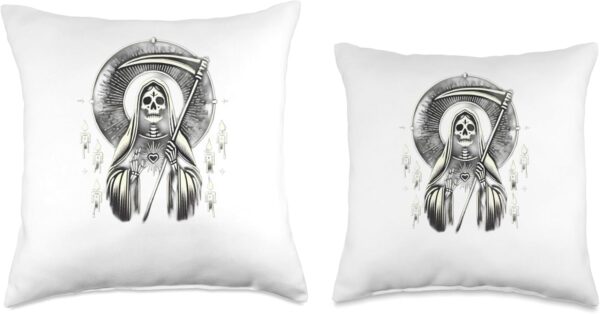 Santa Muerte Sacred Art – Mystical Skeleton with Scythe Throw Pillow - Image 3