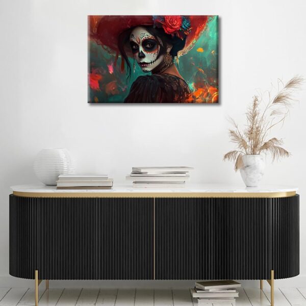Sugar Skull Girl Wall Art for Bedroom 1 Panels Sugar Skull Makeup Canvas Painting Mexican Day of the Dead Wall Art for Living Room Contemporary Home Decor Stretched on Wooden Frame (12"Wx18"H) - Image 3