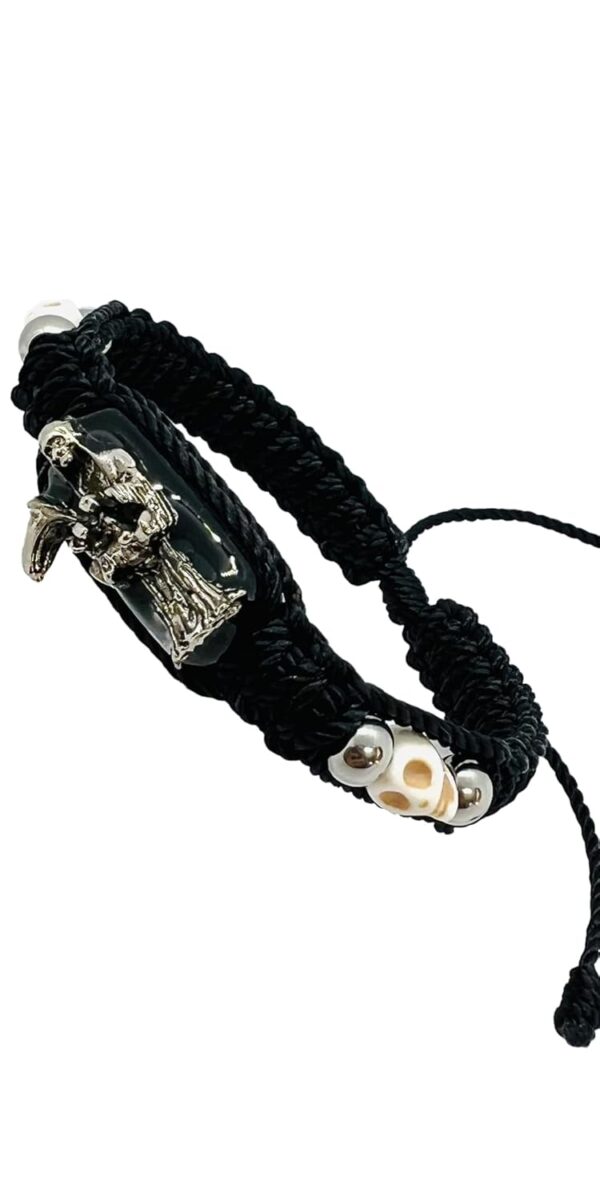Pulsera de Santa Muerte metal Plateada e imagen Santa muerte Blanca doble tejida Black