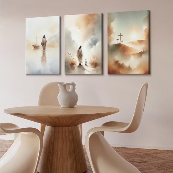 3 Pcs Framed Jesus Wall Art Jesus Walking on Water Canvas Wall Decor Jesus Leaves The 99 Sheep Pictures Prints Christian Posters for Living Room Bedroom Church Home Decorations Ready to Hang 12x16in - Image 3