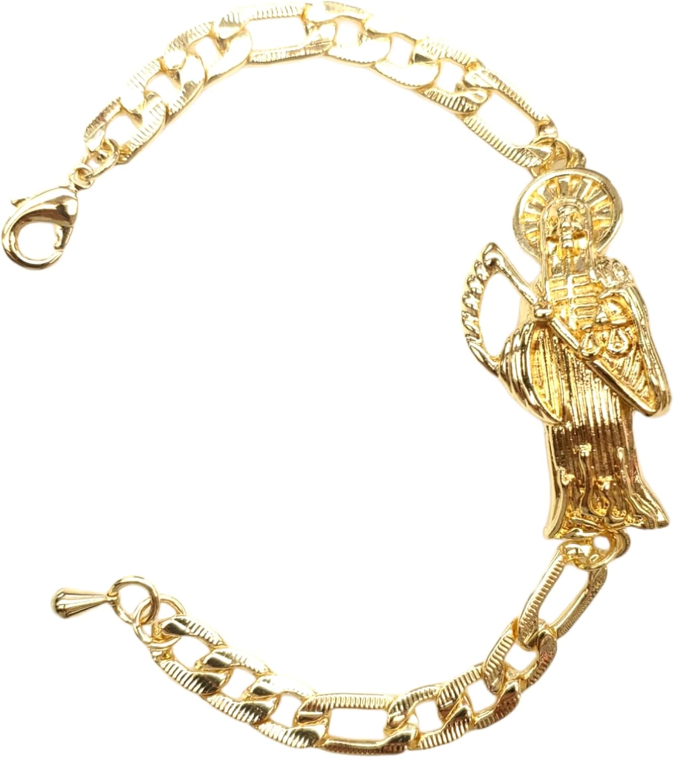 Gold Plated Santa Muerte Chain ID Bracelet Skull Grim Reaper Figaro Link Manilla Esclava De La Santa Muerte Pulsera, 8.5 inches - Image 4
