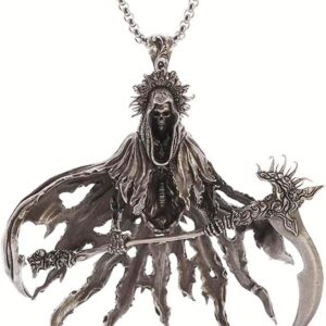 Grim Reaper Santa Muerte Necklace Stainless Steel Punk Gothic Skull Sickle Pendant Necklace for Women Men Halloween Jewelry Creativity Gift