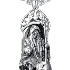 Santa Muerte Necklace 925 Sterling Silver Black Obsidian Grim Reaper Pendant Necklace Jewelry for Men Women, w/Stainless Steel Chain 22''+2''
