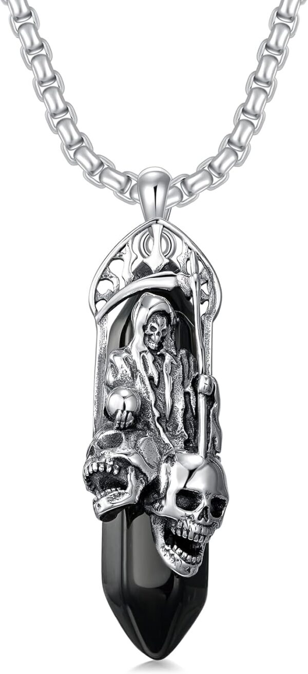 Santa Muerte Necklace 925 Sterling Silver Black Obsidian Grim Reaper Pendant Necklace Jewelry for Men Women, w/Stainless Steel Chain 22''+2''