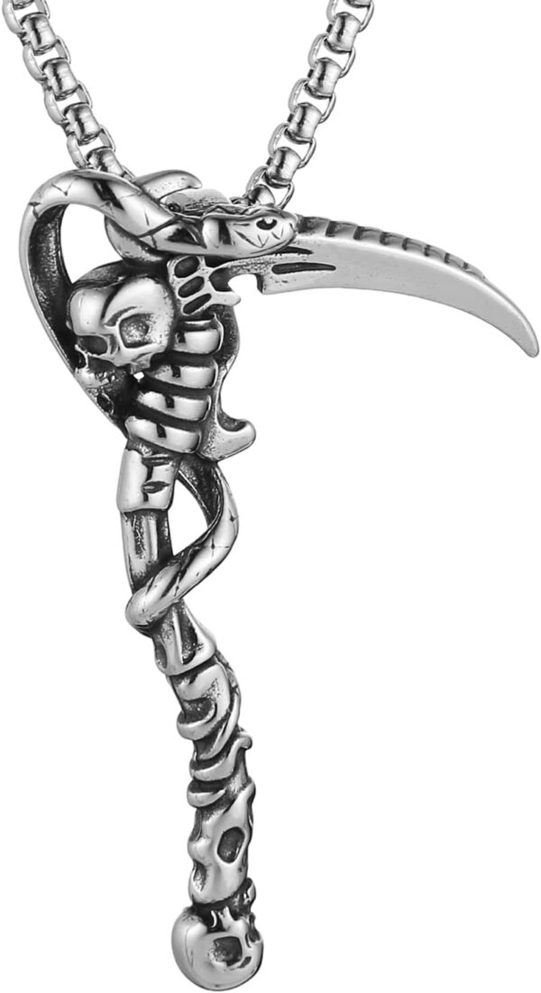 HZMAN Death Scythe Necklace for Men Stainless Steel Gothic Grim Reaper Saint Death Scythe Skull Pendant Necklace Jewelry Gift