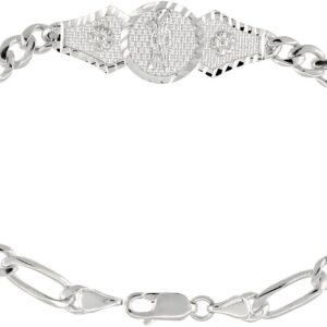 Sterling Silver Santa Muerte Bracelet for Women with Figaro Links 1/2 inch Wide Available 7-8 inch