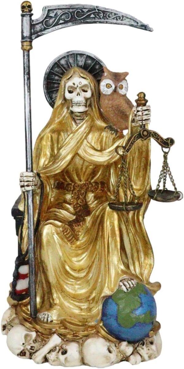 Ebros Gift Santa Muerte Holding Scythe Hourglass and Scales of Justice with Wise Owl Seated On Throne Figurine Holy Death Bone Mother Patron of Wealth Protection Purity Love Health (Gold)