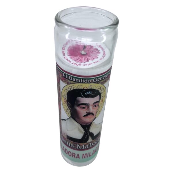 white Unscented prayer candle the generous vandit .Veladora de rezo Jesús Malverde oración de protección al reverso en español - Image 8