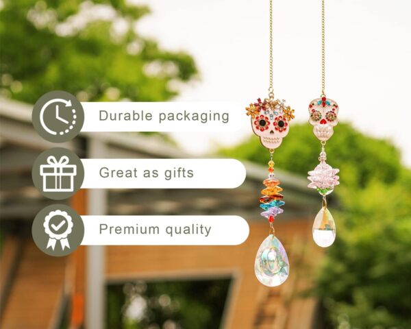 Skull-Shaped Colorful Rhinestones Pendant, Crystal Beads Chain with Glass Chandelier Suncatcher Drops Prisms Hang Ornament, Pack of 2 - Image 5
