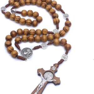 Faith & Gospel Wooden Rosary Beads Necklace Wood Saint Benedict Medal & Catholic Cross Religious Prayer Chaplet Handmade