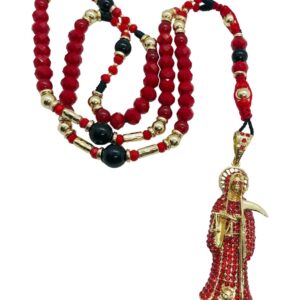 Santuario Jewelry Rosario Santa Muerte diamantado rojo Buchon Sinaloense Rojo Sangre