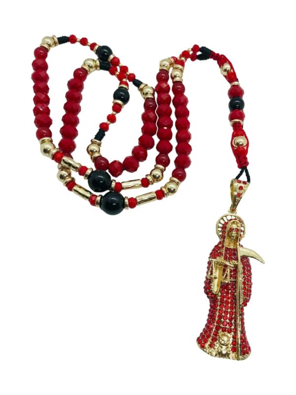 Santuario Jewelry Rosario Santa Muerte diamantado rojo Buchon Sinaloense Rojo Sangre
