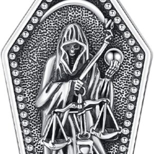 Santa Muerte Necklace Grim Reaper Pendant 925 Sterling Silver La Santa Muerte Skull Holy Death Amulet Protection Jewelry With Sickle for Men Women Holiday Gifts