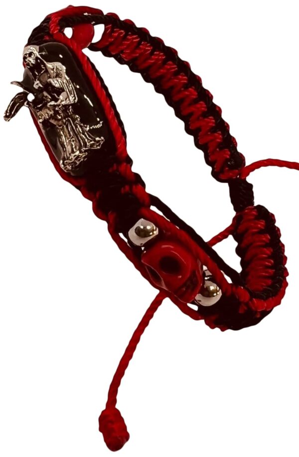 Pulsera de Santa Muerte metal Plateada e imagen Santa muerte roja doble tejido Bk/Rd