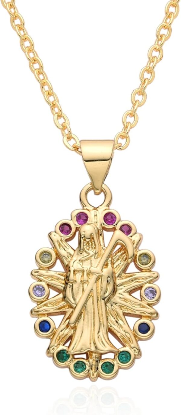 14K Yellow Gold Zircon La Santa Muerte Necklace For Women And Men - Holy Death's Pendant Necklace, Santa Muerte Pendant Necklace, Holy Saint Death Necklace Religious Jewelry For Women Men - Image 5