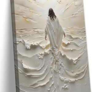 Abstract Jesus Walking on Water Canvas Wall Art Christian Spiritual Wall Decor Pictures Divine Light Modern Religious Posters Prints for Living Room Bedroom Church Decoration 12x16in
