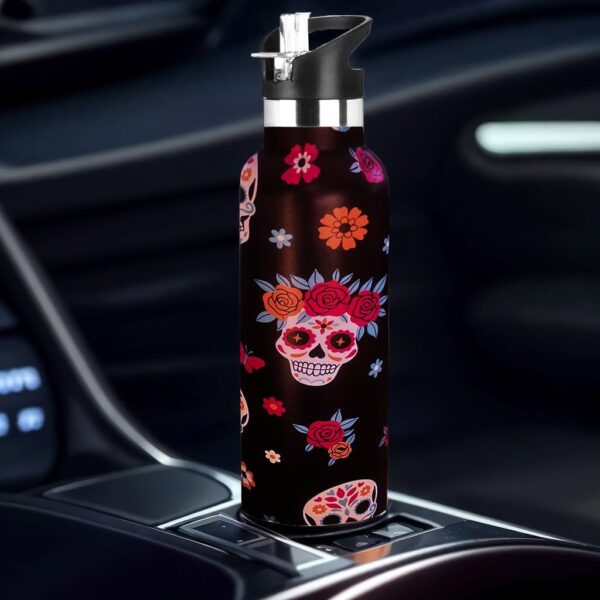 Sugar Skull Water Bottle with Straw Lid Insulated Stainless Steel Travel Mugs for Sport Gym Outdoor 20oz - Image 5