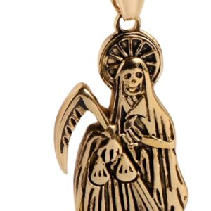 14K Gold Filled Santa Muerte Necklace For Women And Men - 925 Sterling Silver Hip Hop Holy Saint Death La Santa Muerte Pendant Chain Memento Mori Skull Biker Religious Jewelry Amulet Gifts